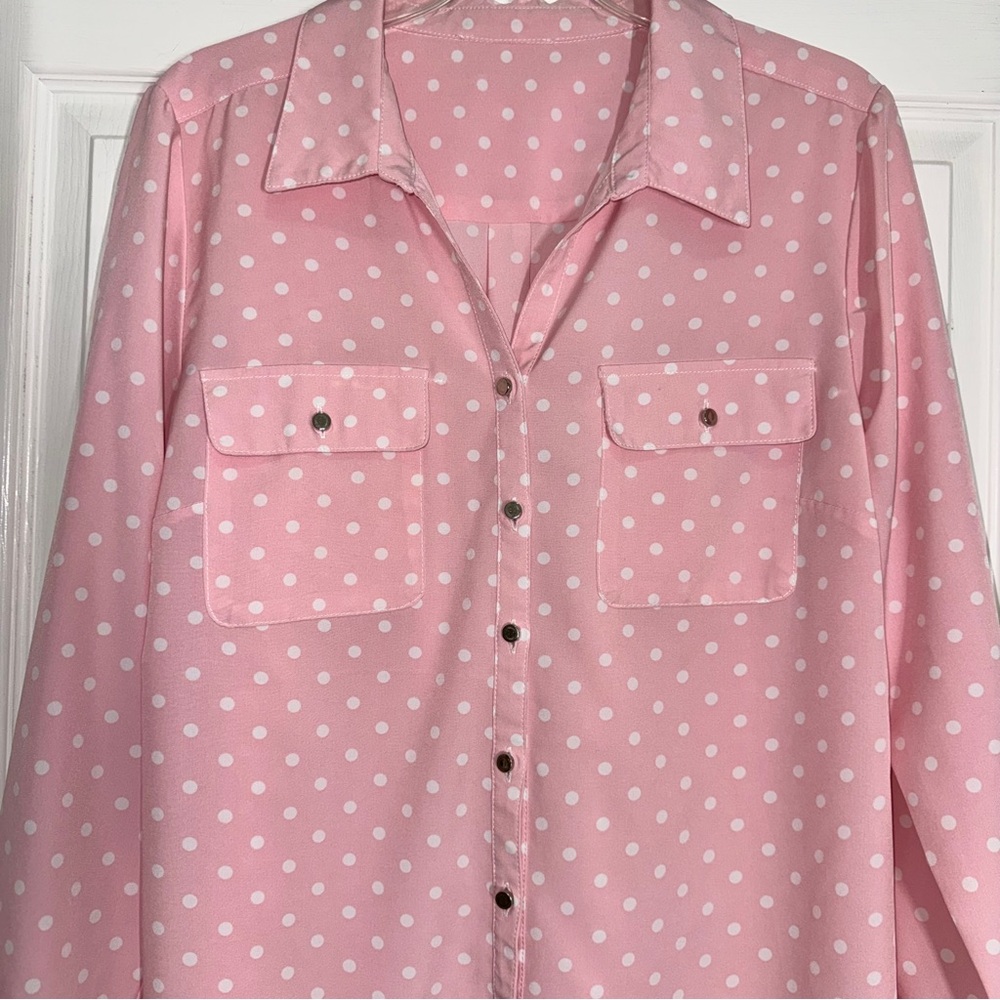 Pink Polka Dot Button-Front Utility Blouse with Silver Buttons and Chest Pockets - Picture 3 of 10